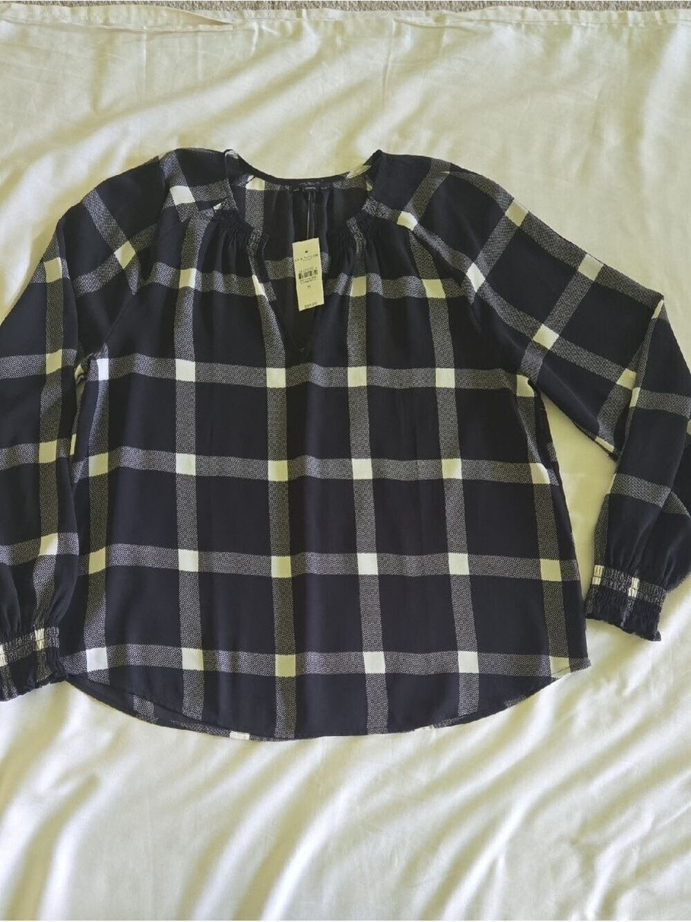 Ann Taylor Factory Black and White Plaid Long-Sleeve Blouse